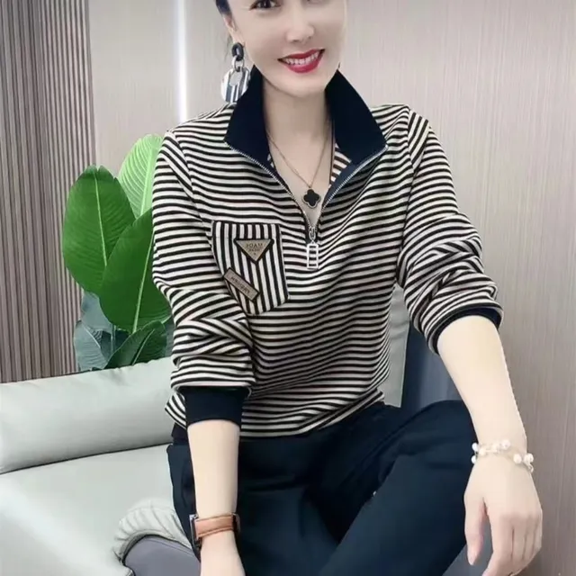 条纹上衣女2025早春新款立领半拉链T恤衫休闲时尚百搭弹力打底衫