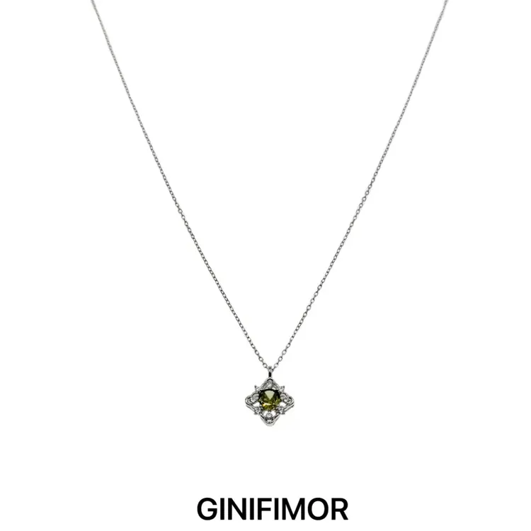 GINIFIMOR 铜合金项链 a762 银绿石吊坠项链法式轻奢复古锁骨链