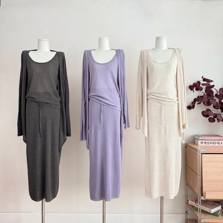 慵懒风天丝亚麻针织开衫+吊带背心+半身裙时尚三件套装女