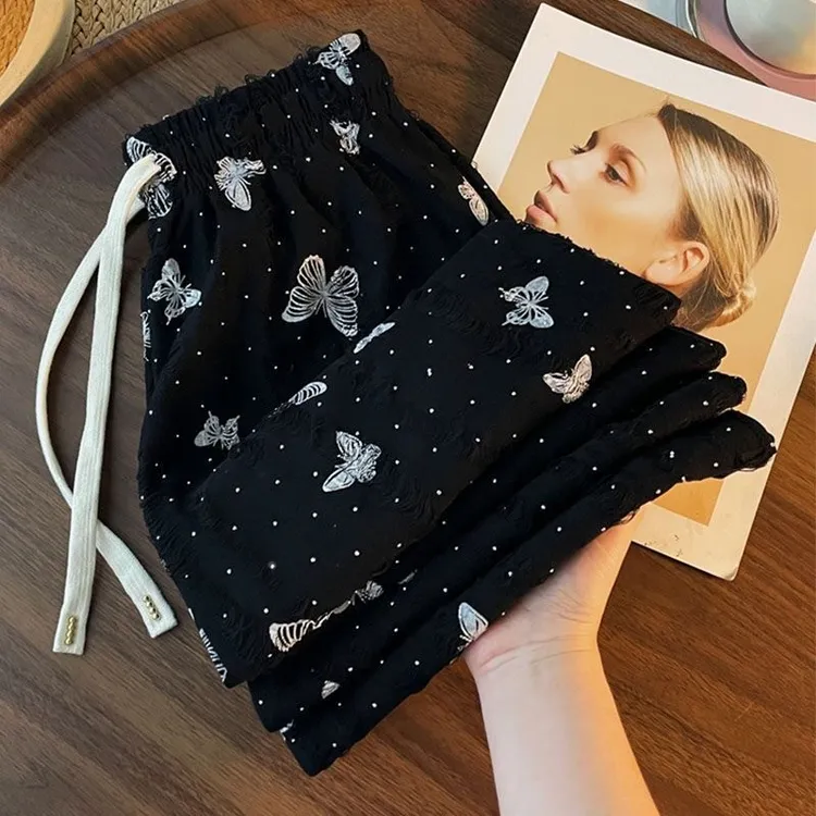 新款胖mm大尺码300斤蝴蝶休闲 裤春夏季高腰宽松破洞直筒乞丐阔腿