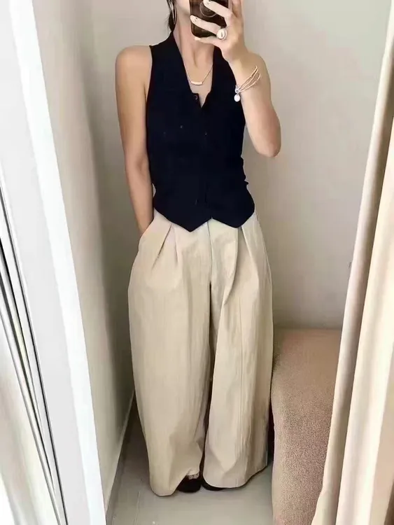 夏季时尚无袖Polo领针织衫搭配高腰阔腿裤套装