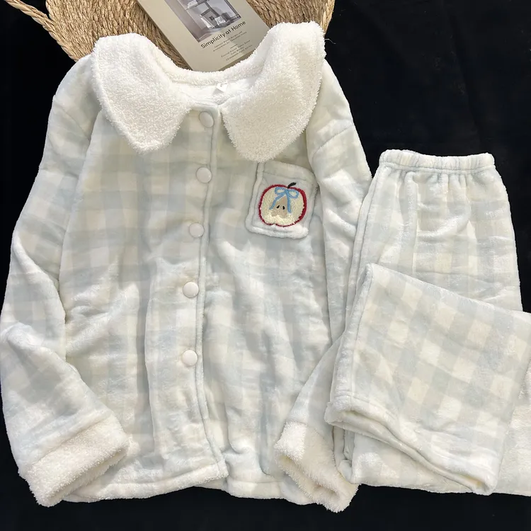 奶蓝格苹果软萌少女可爱娃娃领加厚睡衣女冬季法兰绒家居服套装