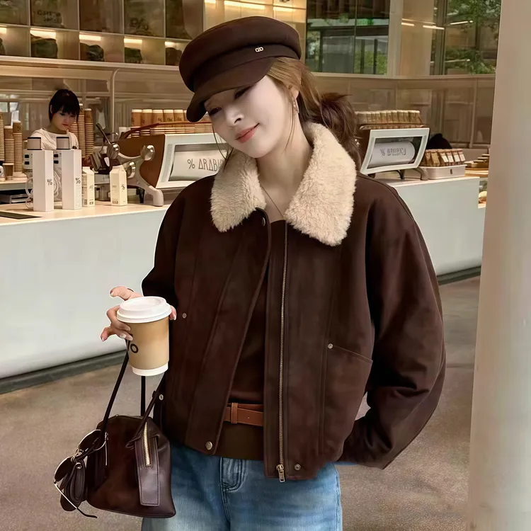 加厚翻领韩版短款麂皮外套秋冬宽松女短外套加棉加厚