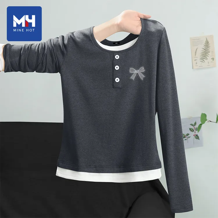 唐狮集团MH假两件长袖t恤女2025新款爆款早春流行针织打底衫上衣H