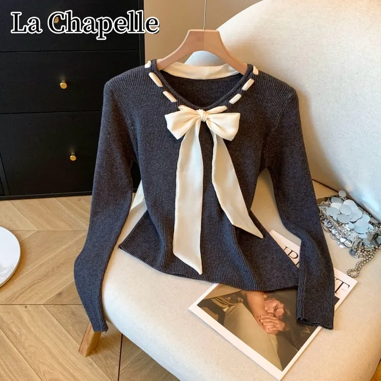 拉夏贝尔秋季V领蝴蝶结系带长袖针织衫百搭显瘦不规则长袖上衣女