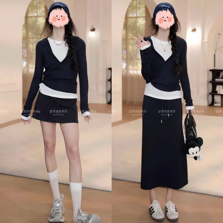 2025春夏气质减龄假两件连帽长袖T恤休闲半身裙套装财阀千金女装