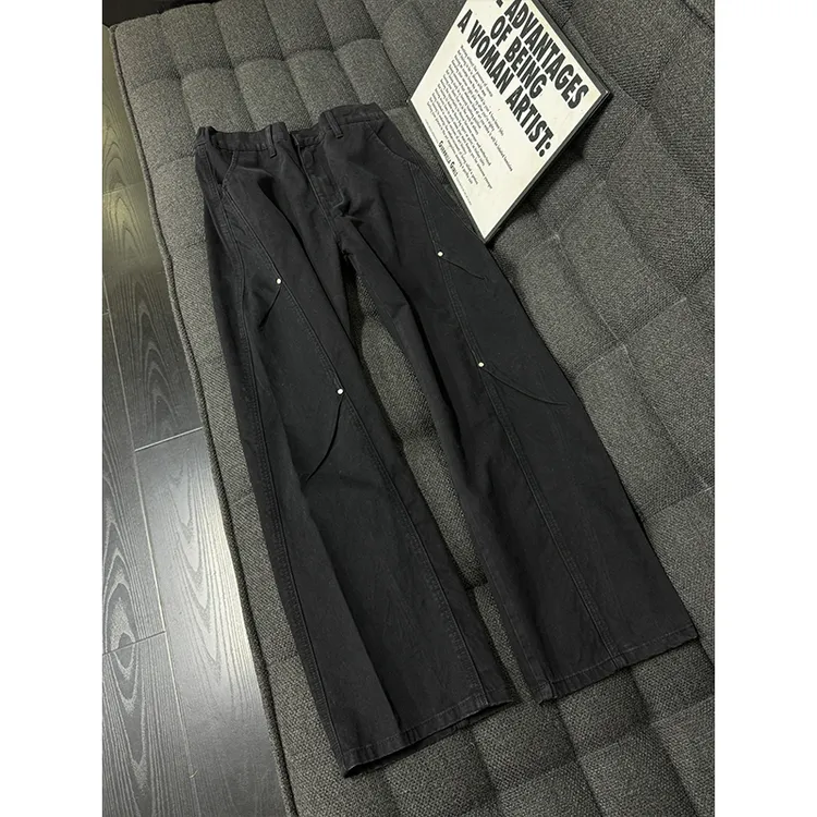 黑色铆钉斜切牛仔裤男款秋冬重磅纯棉弯刀裤美式阔腿显瘦工装长裤