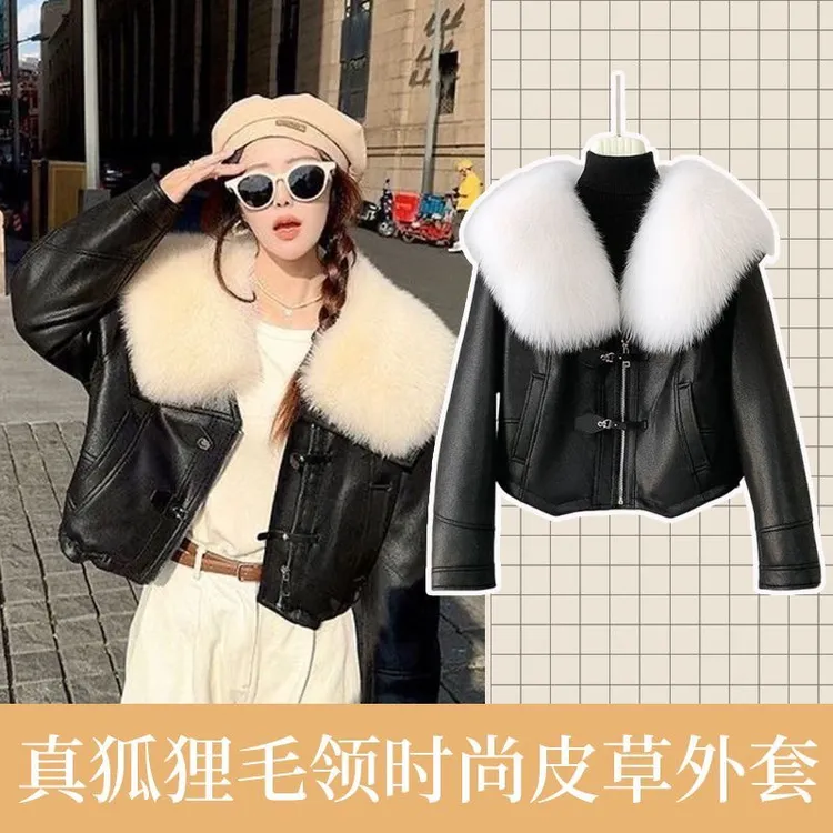 海宁新款皮草超大狐狸毛领时尚保暖皮羽绒女士修身短外套洋气显瘦