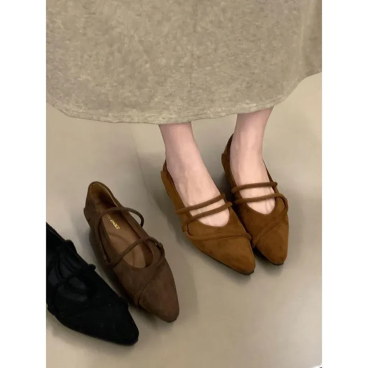 法式复古尖头细带内增高玛丽珍鞋女鞋子2025秋冬新款绒面平底单鞋