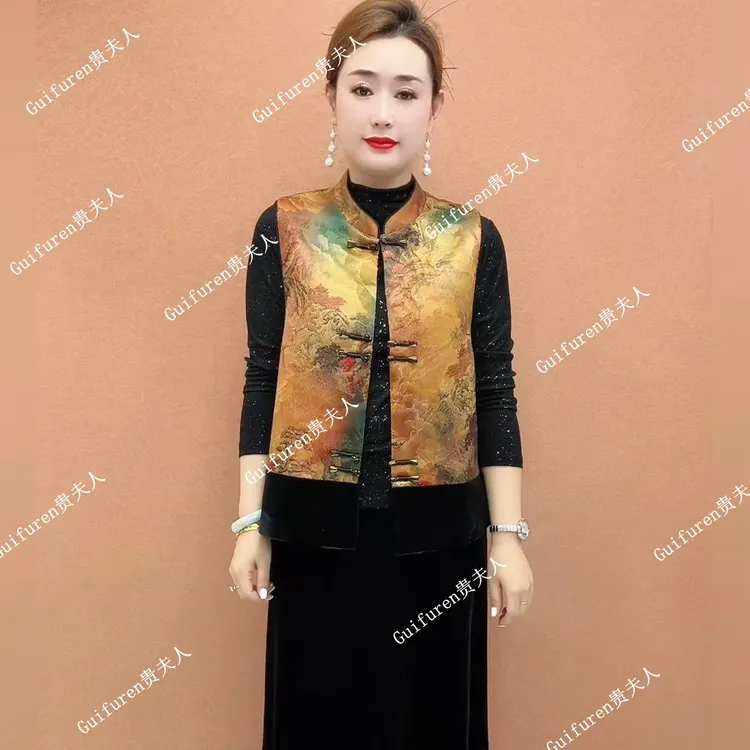 原版正品 云锦丝山水画刺绣马甲 中国风绣花 盘扣减龄妈妈装马夹