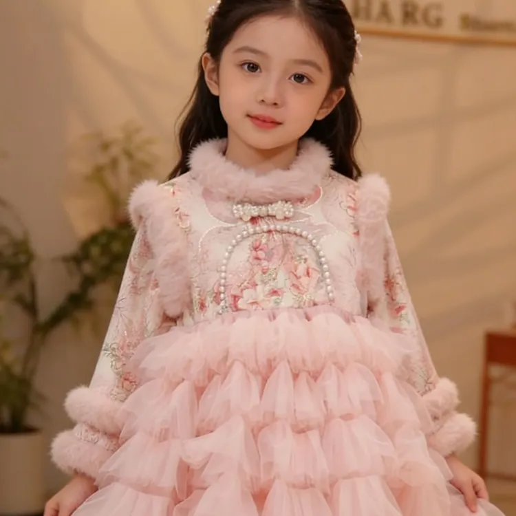女童冬天连衣裙2025冬款粉色新中式加绒加厚公主裙洋气国风宝宝