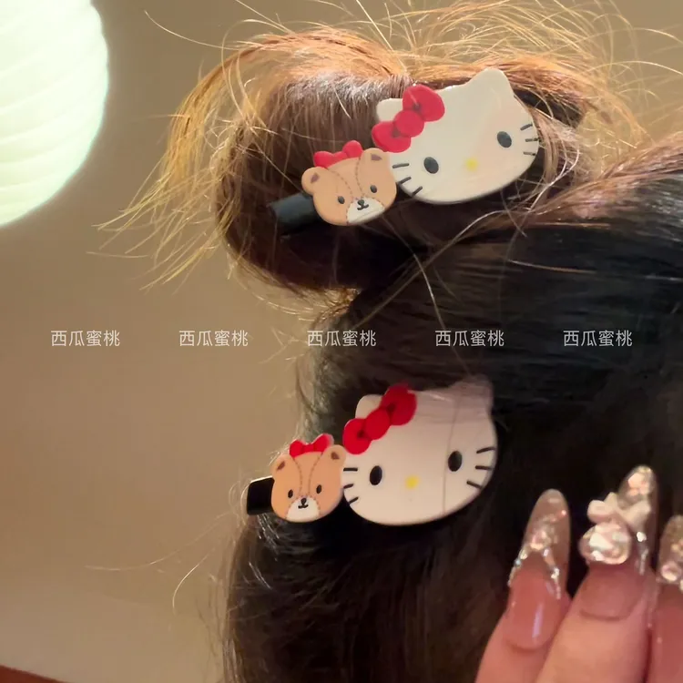 小猫咪与小熊发夹ins风小众夹长款刘海夹甜美少女心长款刘海夹发