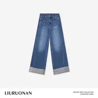LIURUONAN 25FL【宽折边牛仔裤】复古蓝全棉水洗长裤秋冬显瘦休闲裤