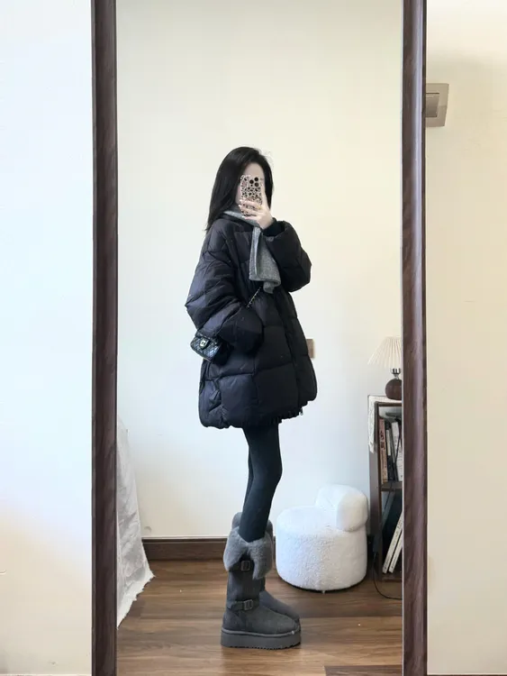 超好看黑色中长款棉服女冬季2025新款小个子韩系面包服厚外套潮