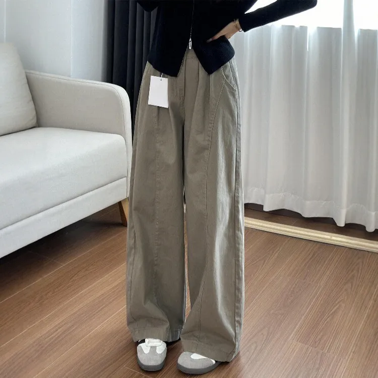 美式卡其色工装裤女秋季新款胖妹妹mm高腰遮胯显瘦弯刀阔腿休闲裤