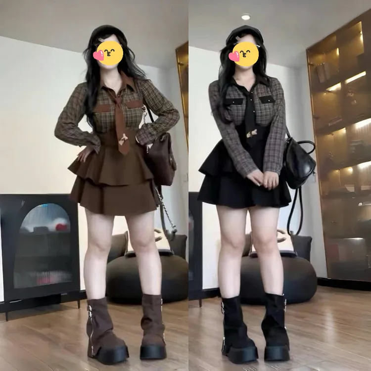 大码学院风格纹Polo领长袖衬衫女早秋胖mm显瘦束腰半身裙两件套装