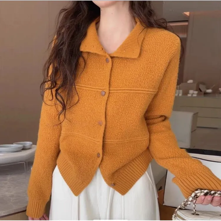 【9370】女装百搭立领加厚立领女针织开衫毛针织衫翻领毛衣