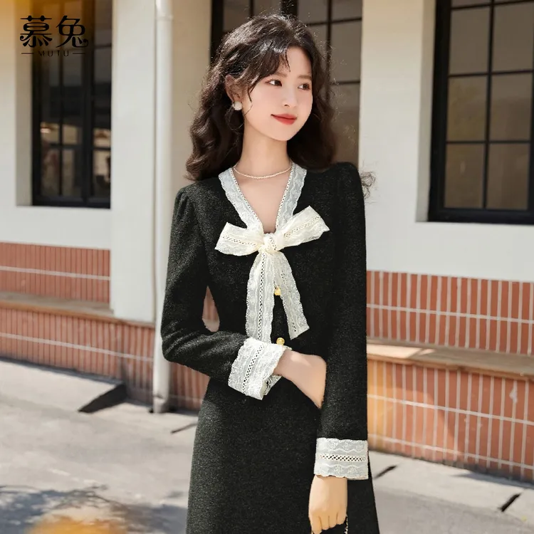 慕兔【加绒两件套】法式小香风套装女冬新款蝴蝶结上衣裙子两件套