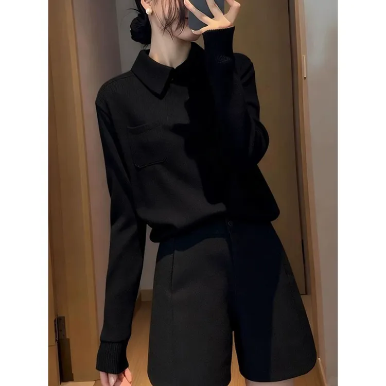 黑色polo领毛衣女秋冬新款高级感洋气显瘦减龄针织衫内搭打底上衣