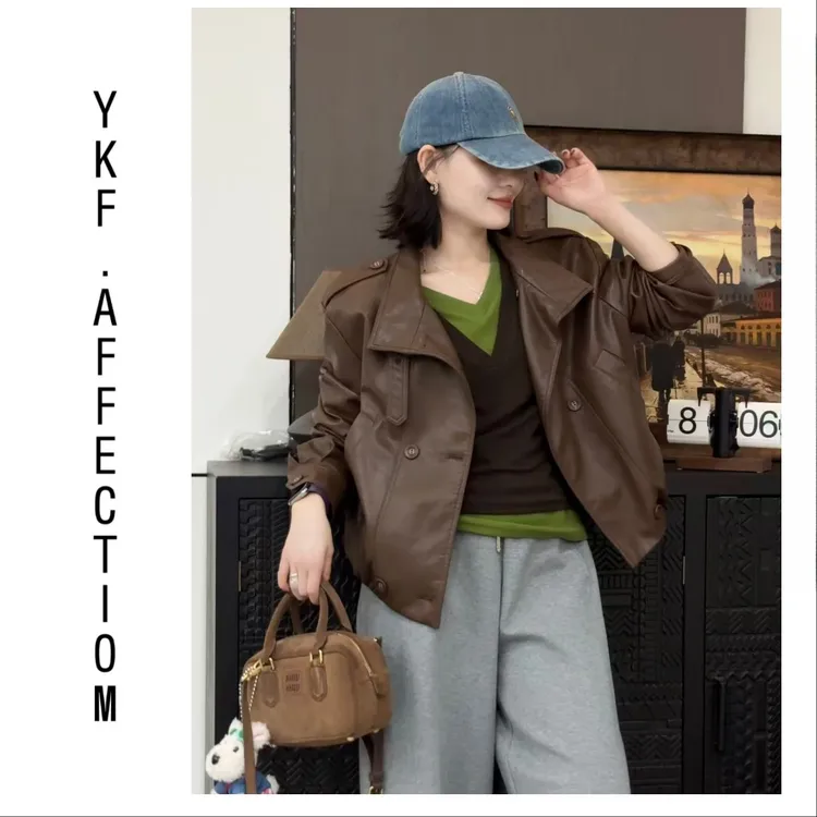 （巴黎灰）复古立领双排扣帅气宽松休闲百搭短款皮衣外套10253