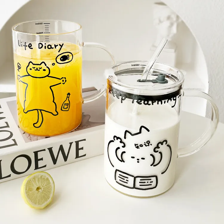 新款卡通猫咪玻璃杯大容量1000ml耐高温有把手吸管杯牛奶杯学生女