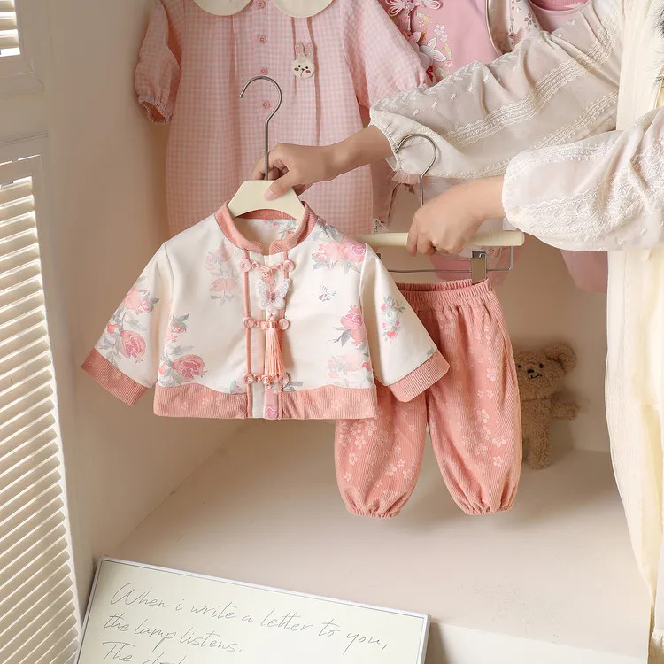 婴幼儿新中式分体套装春秋款哈衣女宝宝百天抓周生日礼服国风爬服