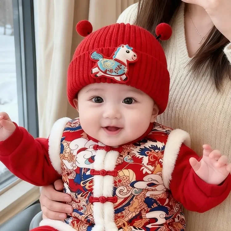 秋冬季宝宝帽子可爱红色超萌喜庆新年帽男女宝宝外出防寒保暖套头