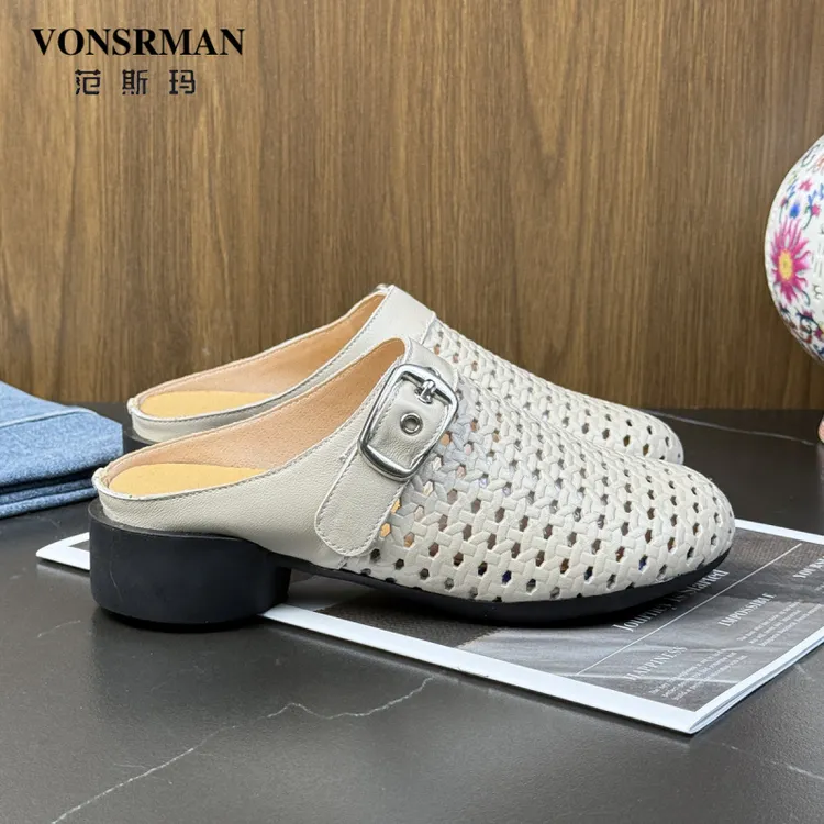 高端编织粗跟包头半拖鞋女2025夏季新款女士时尚外穿凉拖沙滩女鞋