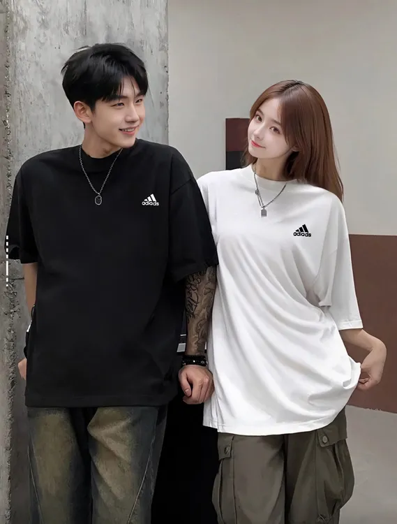 阿迪纯原纯棉圆领时尚短袖 黑白立体LOGO夏季简约情侣款T01