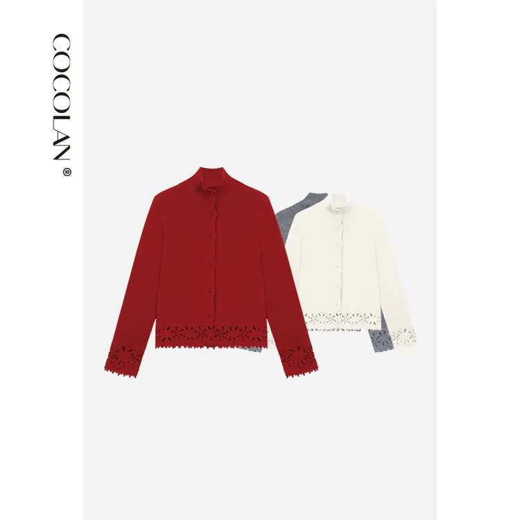COCOLAN【丹砂】绵羊毛勾花袖口下摆开衫毛衣女CL8KS8372