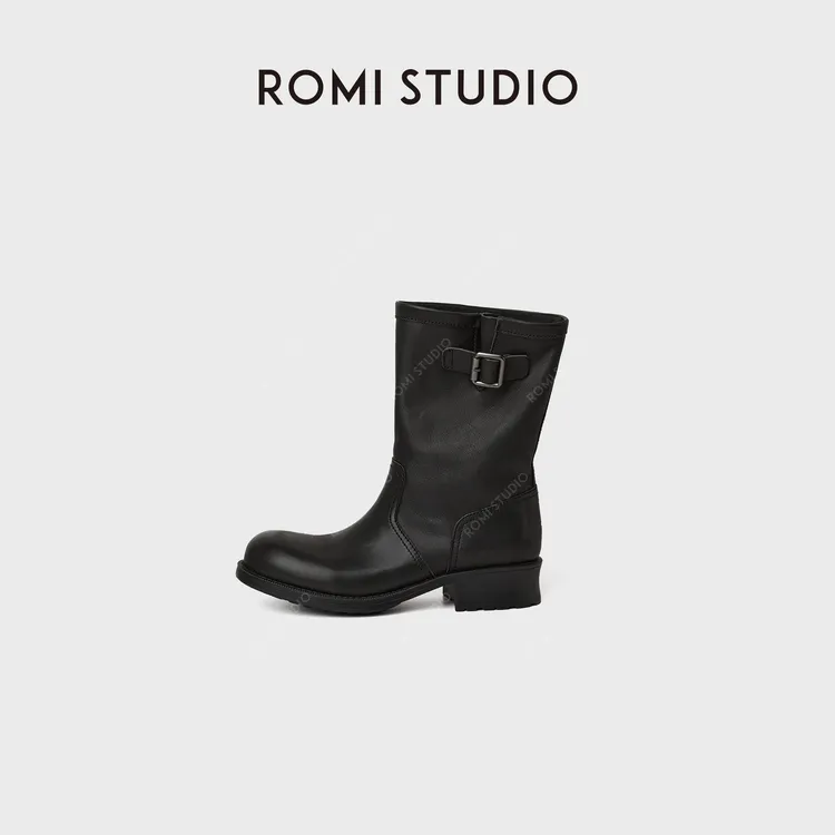 ROMI STUDIO“时尚英伦”牛皮荔枝纹宽口一脚蹬骑士靴 RWBWP31788