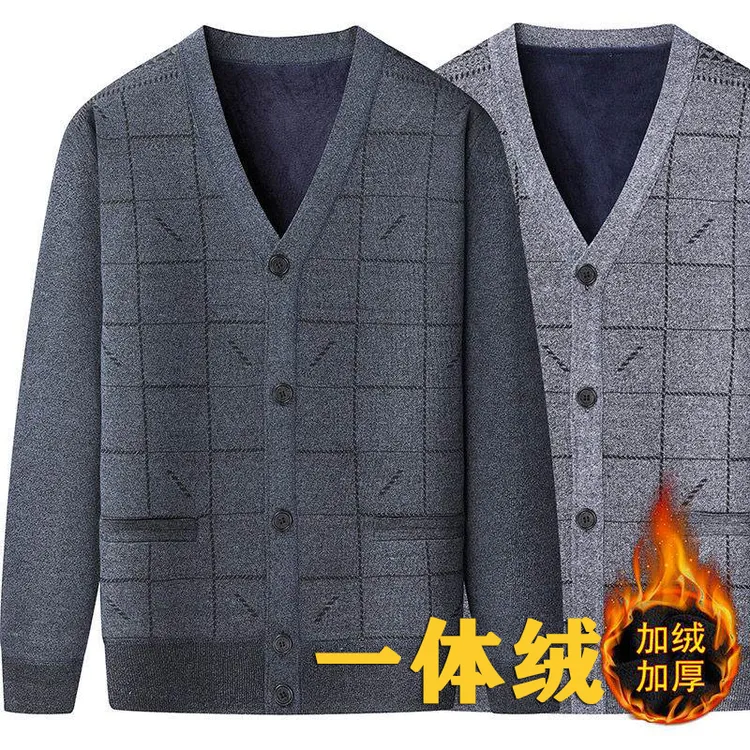 男士毛衣外搭开衫对襟加绒厚款上衣中老年人冬装长袖针织衫保暖衣