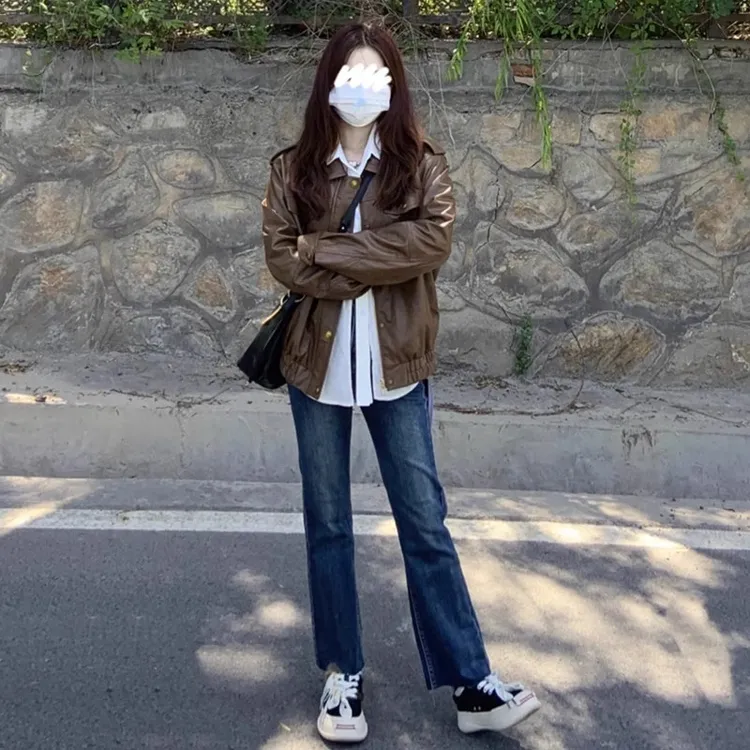2025秋季新款咖色PU皮衣外套女复古休闲短款设计感机车服皮夹克