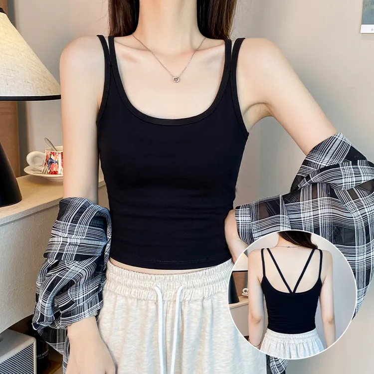黑色U领吊带背心女春夏一体式带胸垫内搭美背外穿修身打底上衣潮