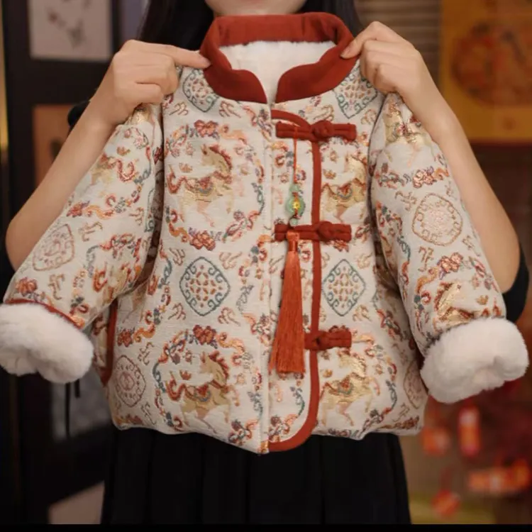 儿童冬季保暖喜庆年服2025新中式立领加绒加厚棉服宝宝国风外穿款