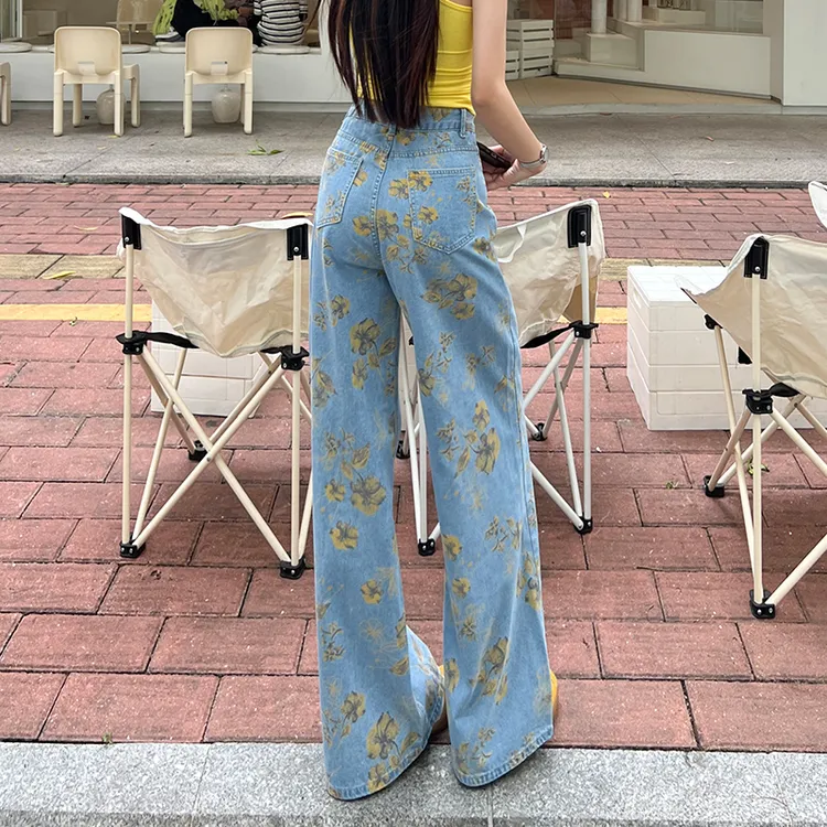 印花阔腿牛仔裤女夏季爆款不贴腿宽松高腰垂坠感设计感直筒拖地裤