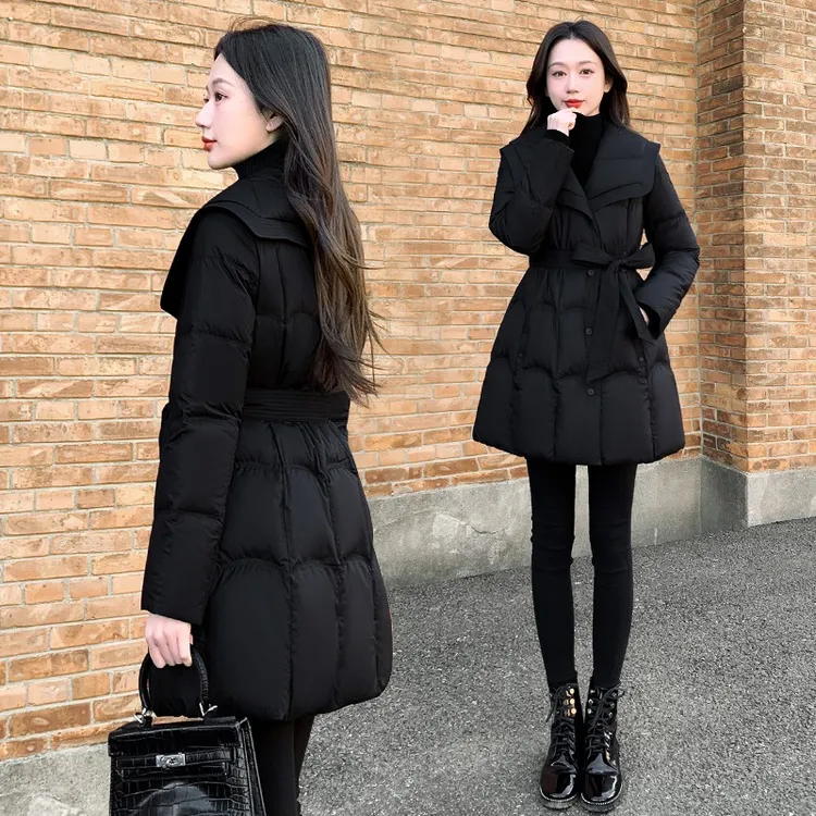 黑色海军领棉服外套减龄2025新款女装冬修身收腰中长款保暖绒服女