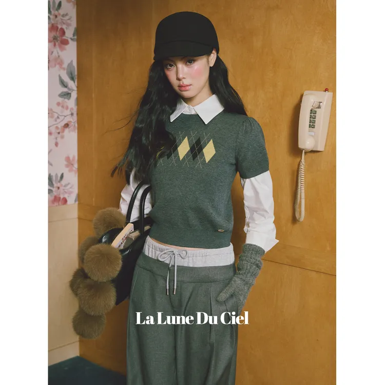 【LaluneDuCiel】LLDC 1号晚18点 复古撞色菱格短袖针织衫毛衣女