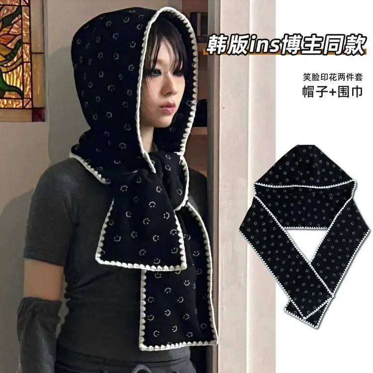 韩版笑脸印花可爱蕾丝百搭连帽围巾少女秋冬帽子针织保暖围脖ins