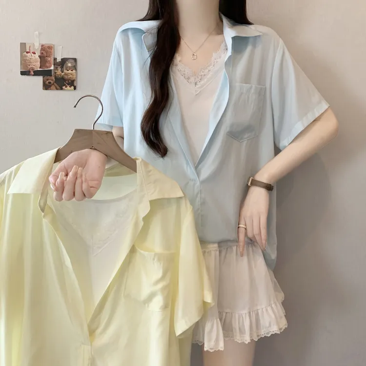 2025新款蕾丝拼接大码显瘦假两件马卡龙色衬衫显瘦百搭上衣22613