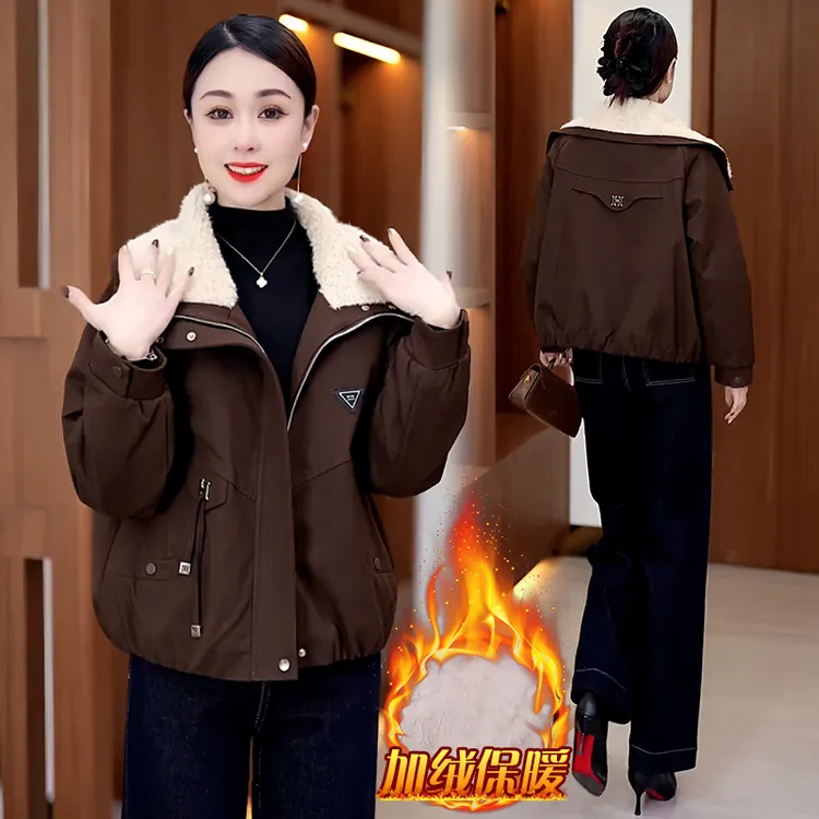 2025冬季新款时尚加绒加厚短外套时尚洋气宽松翻领保暖毛领棉袄女