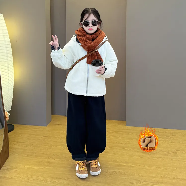 女童秋冬季夹棉加厚外套2025新款女孩超好看韩版时尚阔腿裤套装潮