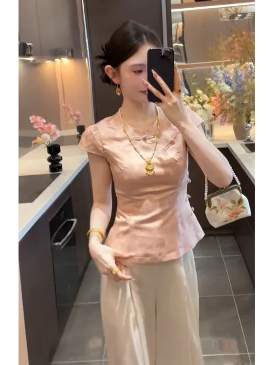 新中式气质国风修身温婉短粉色印花上衣女2025夏季新款休闲裤套装