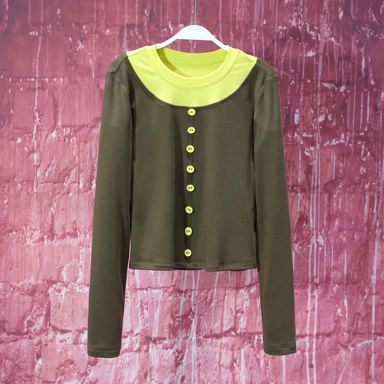 【LIANG哥女装】2025欧货小众古铜绿撞色拼接高弹显瘦上衣6267A
