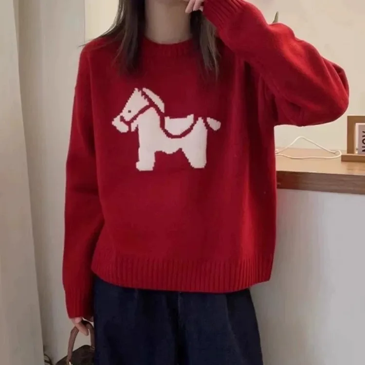 本命年红色小马提花圆领套头毛衣女秋冬新款100%纯羊毛宽松针织衫