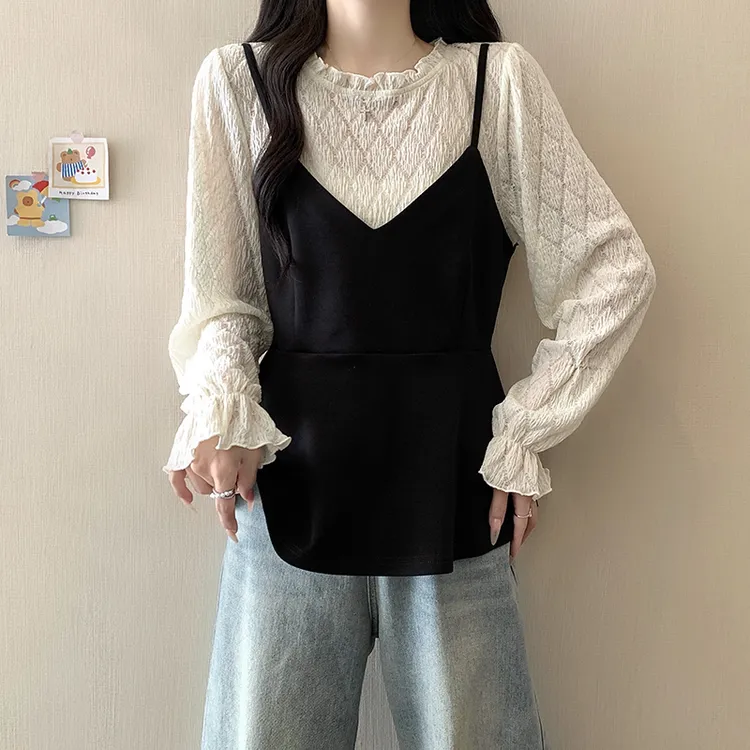 秋装新款胖mm大码女法式减龄蕾丝拼接假两件长袖小衫上衣23056