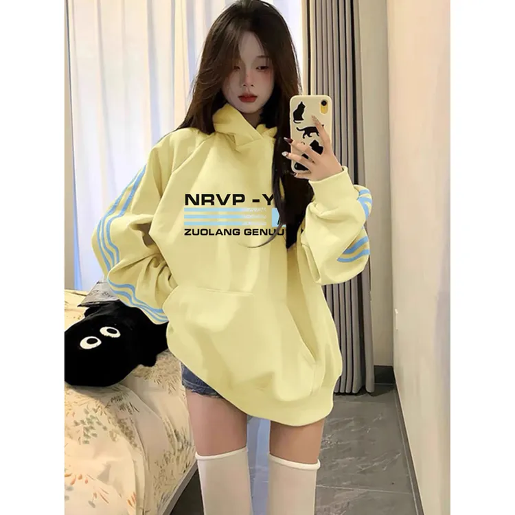 学院风百搭设计感字母印花侧边三杠条纹长袖卫衣衫女连帽上衣ins