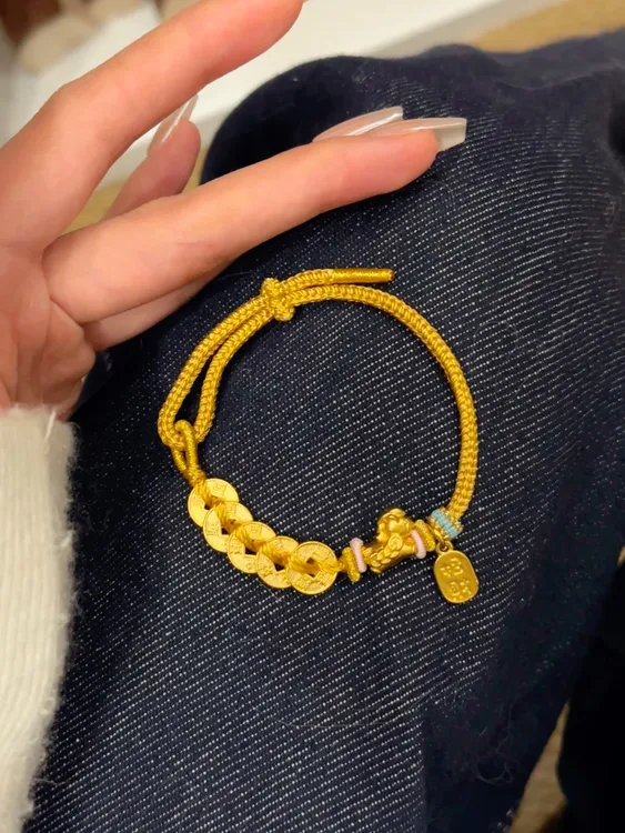 铜合金手链 马上有钱·五帝钱手链  新中式精工錾刻五帝钱编绳手链