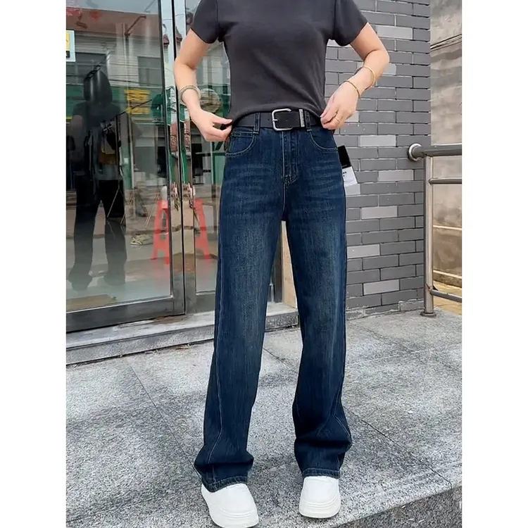 秋季新款窄版直筒洋气牛仔裤女大码胖mm显瘦梨形身材高腰弹力长裤