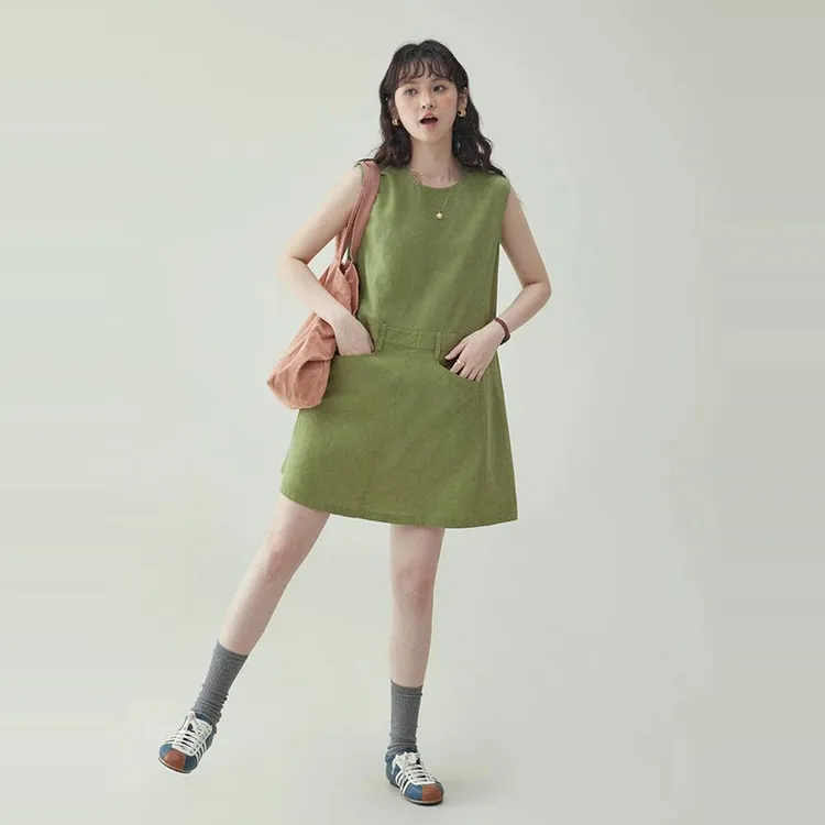 时尚孕妇夏季新款森系绿色圆领背心连衣裙女夏季新款宽松无袖短裙